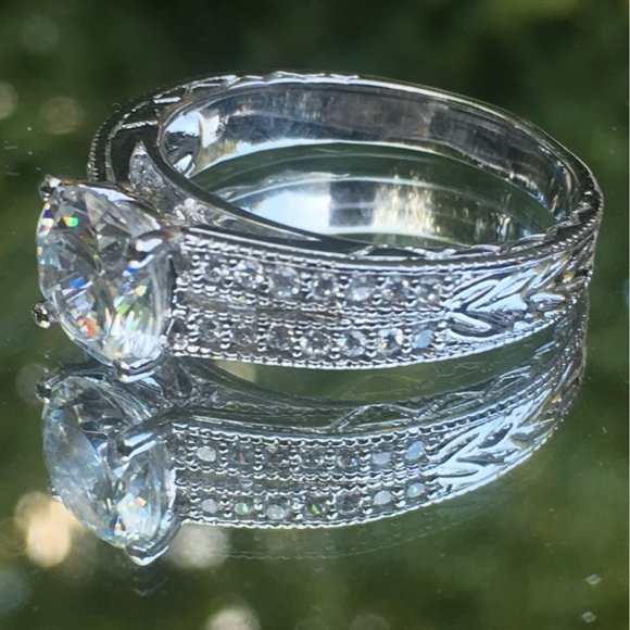 Sterling Silver Ring, Solitaire With Accents, Cubic Zirconia, Engagement, Size 9 - Picture 9 of 10